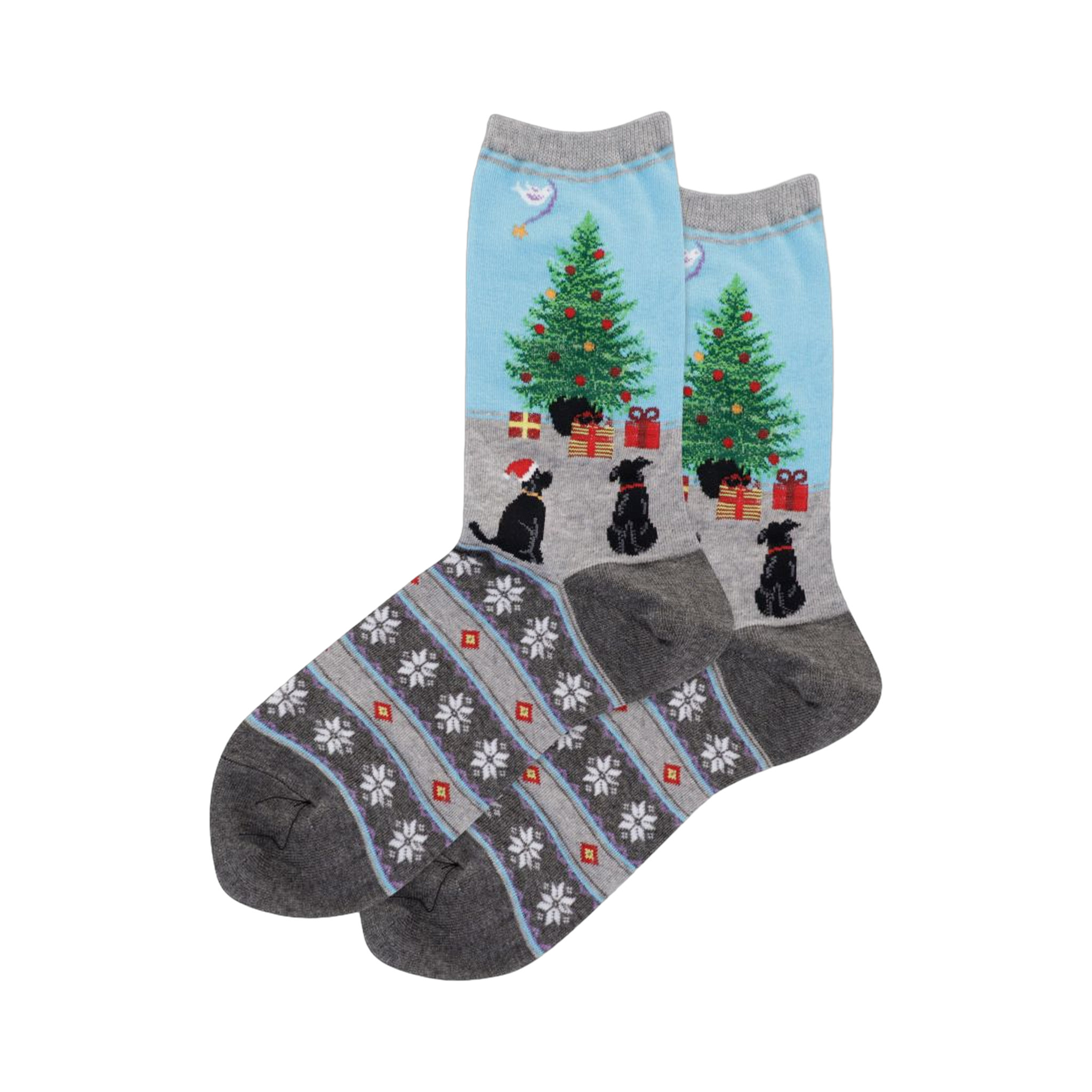 Lifestyle shot of the Dog Christmas Tree Fairisle socks on a person's feet.