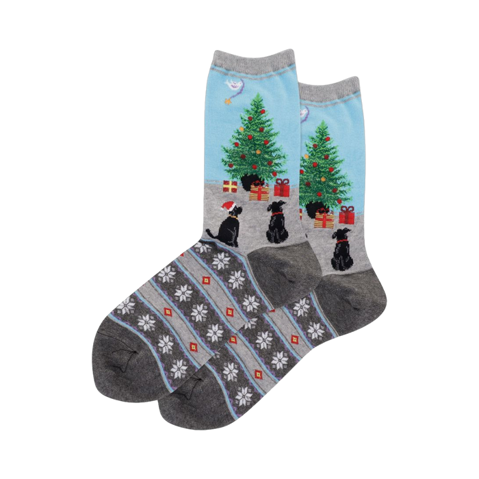 Lifestyle shot of the Dog Christmas Tree Fairisle socks on a person's feet.