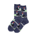 Pair of women's crew socks in navy blue.  The socks feature a repeating pattern of black and white cats wearing Santa hats and sitting on presents.