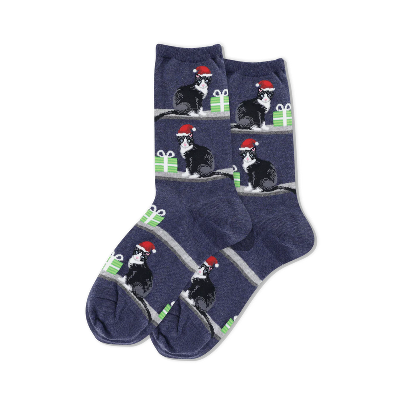 Pair of women's crew socks in navy blue.  The socks feature a repeating pattern of black and white cats wearing Santa hats and sitting on presents.