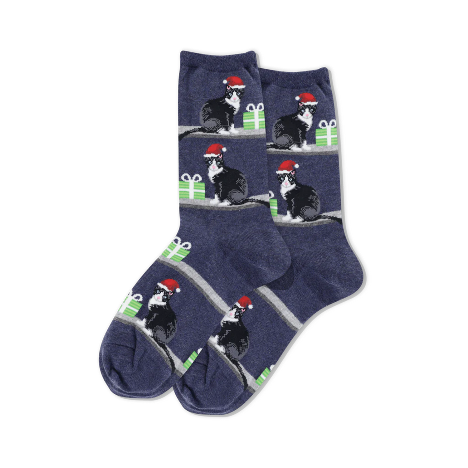 Pair of women's crew socks in navy blue.  The socks feature a repeating pattern of black and white cats wearing Santa hats and sitting on presents.