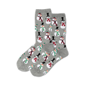 Pair of crew socks, gray with repeating snowman design. Snowmen wear hats and scarves in red, green, and white.