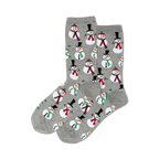 Pair of crew socks, gray with repeating snowman design. Snowmen wear hats and scarves in red, green, and white.