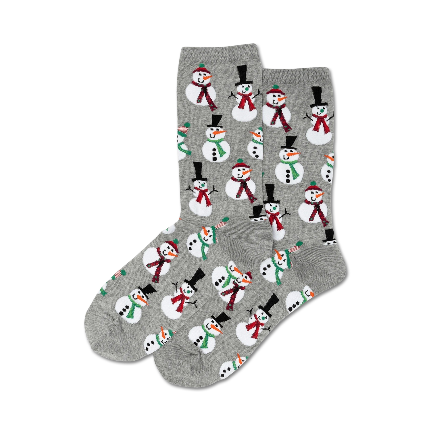 Pair of crew socks, gray with repeating snowman design. Snowmen wear hats and scarves in red, green, and white.
