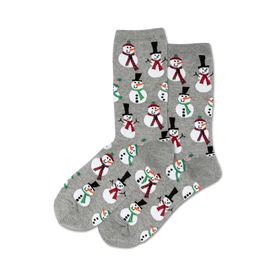  gray crew socks featuring a pattern of joyful snowmen wearing black top hats and red scarves, perfect for spreading christmas cheer.   