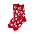 Lifestyle shot showing a person wearing the red snowman socks.