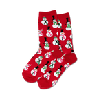 Lifestyle shot showing a person wearing the red snowman socks.