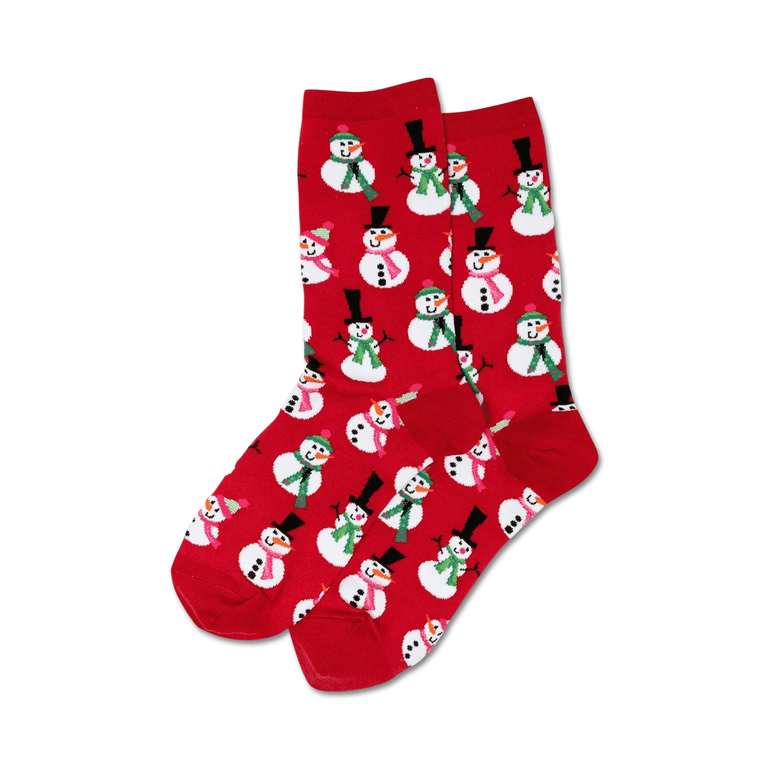Lifestyle shot showing a person wearing the red snowman socks.