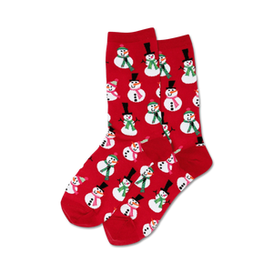 crew length red socks with a pattern of snowmen wearing black top hats and green scarves.  