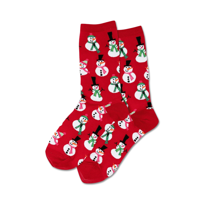 crew length red socks with a pattern of snowmen wearing black top hats and green scarves.  