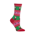 Crew socks in red, green, and pink. Fair Isle pattern features Santa Claus, candy canes, and snowflakes.