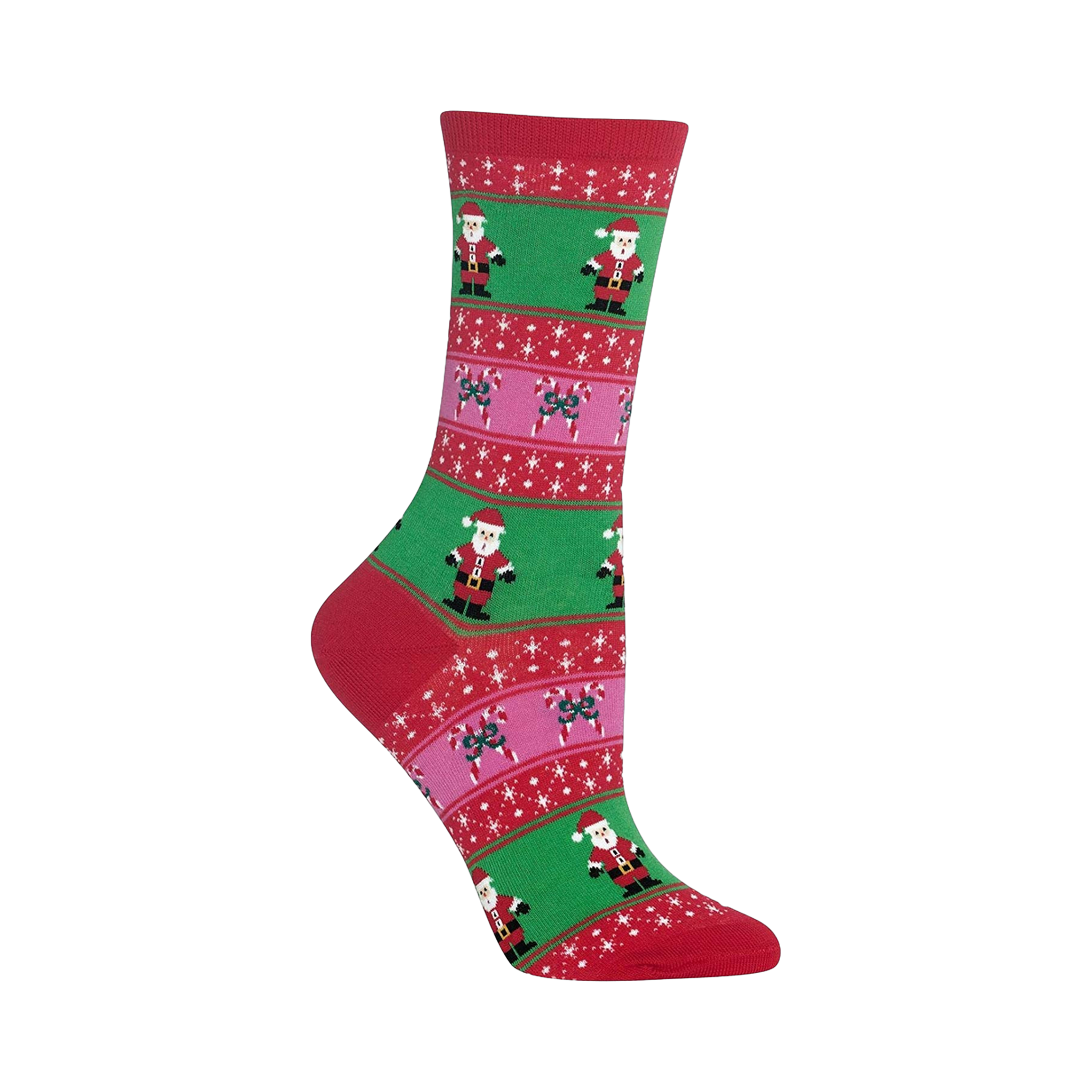 Crew socks in red, green, and pink. Fair Isle pattern features Santa Claus, candy canes, and snowflakes.
