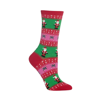 Crew socks in red, green, and pink. Fair Isle pattern features Santa Claus, candy canes, and snowflakes.