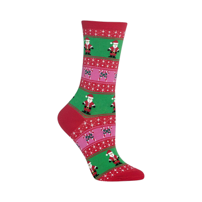 Crew socks in red, green, and pink. Fair Isle pattern features Santa Claus, candy canes, and snowflakes.