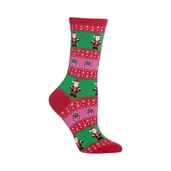 Crew socks in red, green, and pink. Fair Isle pattern features Santa Claus, candy canes, and snowflakes. }}