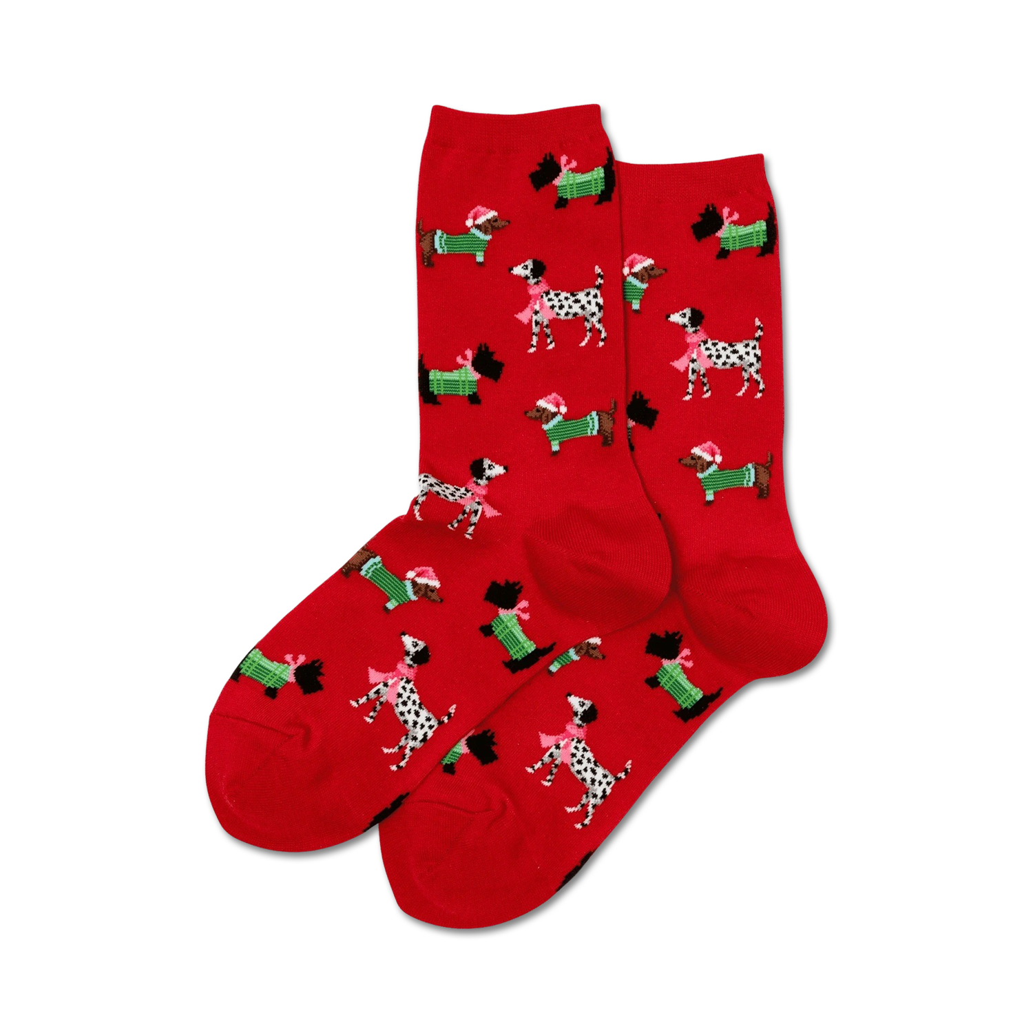 Pair of red crew socks with a repeating pattern of dachshunds and Scotties wearing Santa hats and green scarves.
