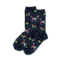 Close-up of a pair of navy blue crew socks with the same Christmas dog design as the red pair.