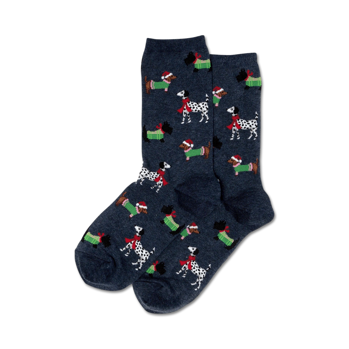 Close-up of a pair of navy blue crew socks with the same Christmas dog design as the red pair.