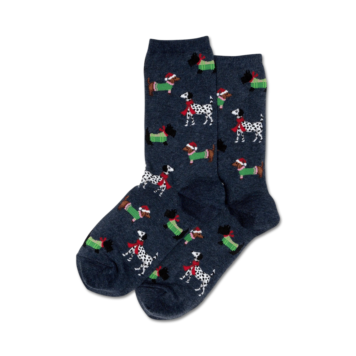 Close-up of a pair of navy blue crew socks with the same Christmas dog design as the red pair.
