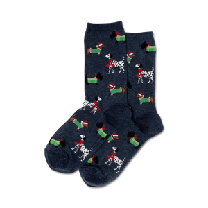 womens blue christmas dog sock with crew length and pattern of different breeds of dogs wearing santa hats and scarves.  