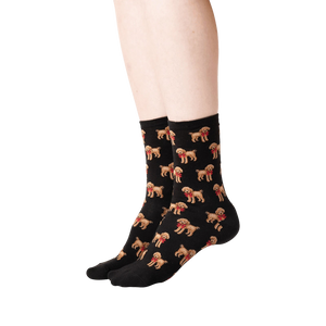 Lifestyle shot: A person's legs wearing the black poodle socks, showing the socks from the side.