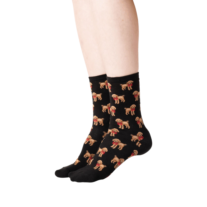 Lifestyle shot: A person's legs wearing the black poodle socks, showing the socks from the side.