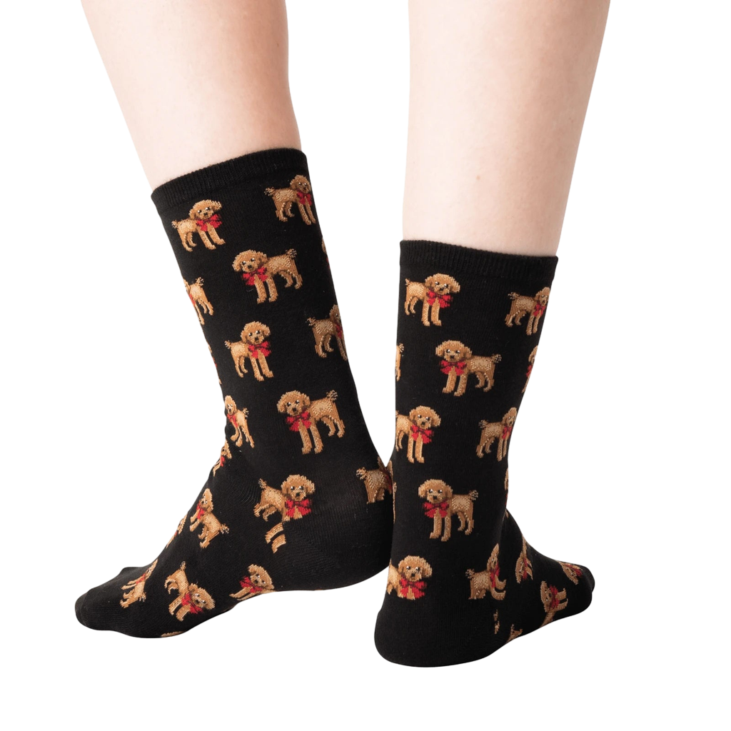 Back view:  The back of the black poodle socks, showcasing the full pattern.