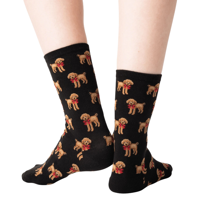 Back view:  The back of the black poodle socks, showcasing the full pattern.