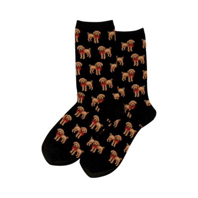 Crew socks, black with tan poodles wearing red bows. A whimsical pattern.