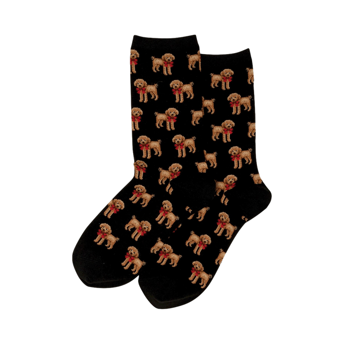Crew socks, black with tan poodles wearing red bows. A whimsical pattern.