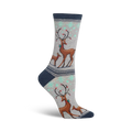 Crew socks in grey, blue, and brown featuring a festive design of reindeers with antlers and snowflakes.