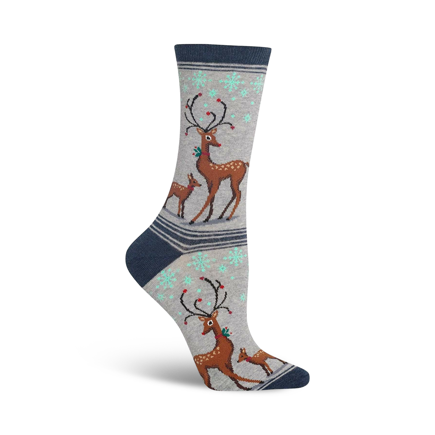 Crew socks in grey, blue, and brown featuring a festive design of reindeers with antlers and snowflakes.