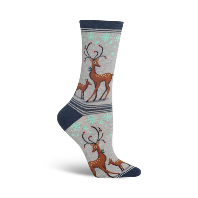 gray crew socks with brown reindeer wearing green and red garlands and snowflakes, perfect for the christmas season   