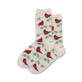 Pair of cream crew socks with red cardinal birds and green holly leaves pattern.