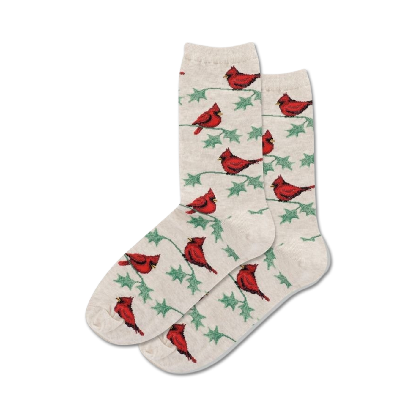 Pair of cream crew socks with red cardinal birds and green holly leaves pattern.
