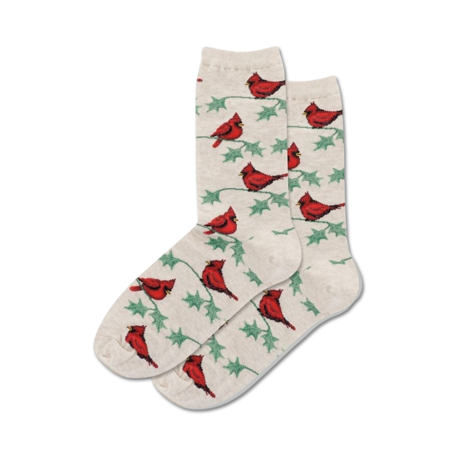 Pair of cream crew socks with red cardinal birds and green holly leaves pattern.