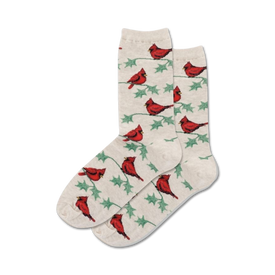 white crew socks with a pattern of red cardinals perched on green branches with red berries.  