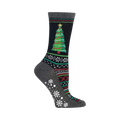 Crew socks in dark grey and black. Feature a green Christmas tree and snowflake pattern. Grippy bottom.
