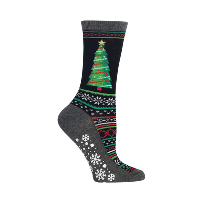 Crew socks in dark grey and black. Feature a green Christmas tree and snowflake pattern. Grippy bottom.