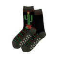 Pair of black Christmas Cactus Non-Skid Slipper socks.  Feature a festive cactus design, geometric pattern, and grey cuffs.
