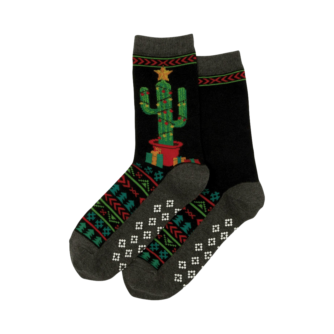 Pair of black Christmas Cactus Non-Skid Slipper socks.  Feature a festive cactus design, geometric pattern, and grey cuffs.