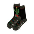 Pair of black Christmas Cactus Non-Skid Slipper socks.  Feature a festive cactus design, geometric pattern, and grey cuffs.