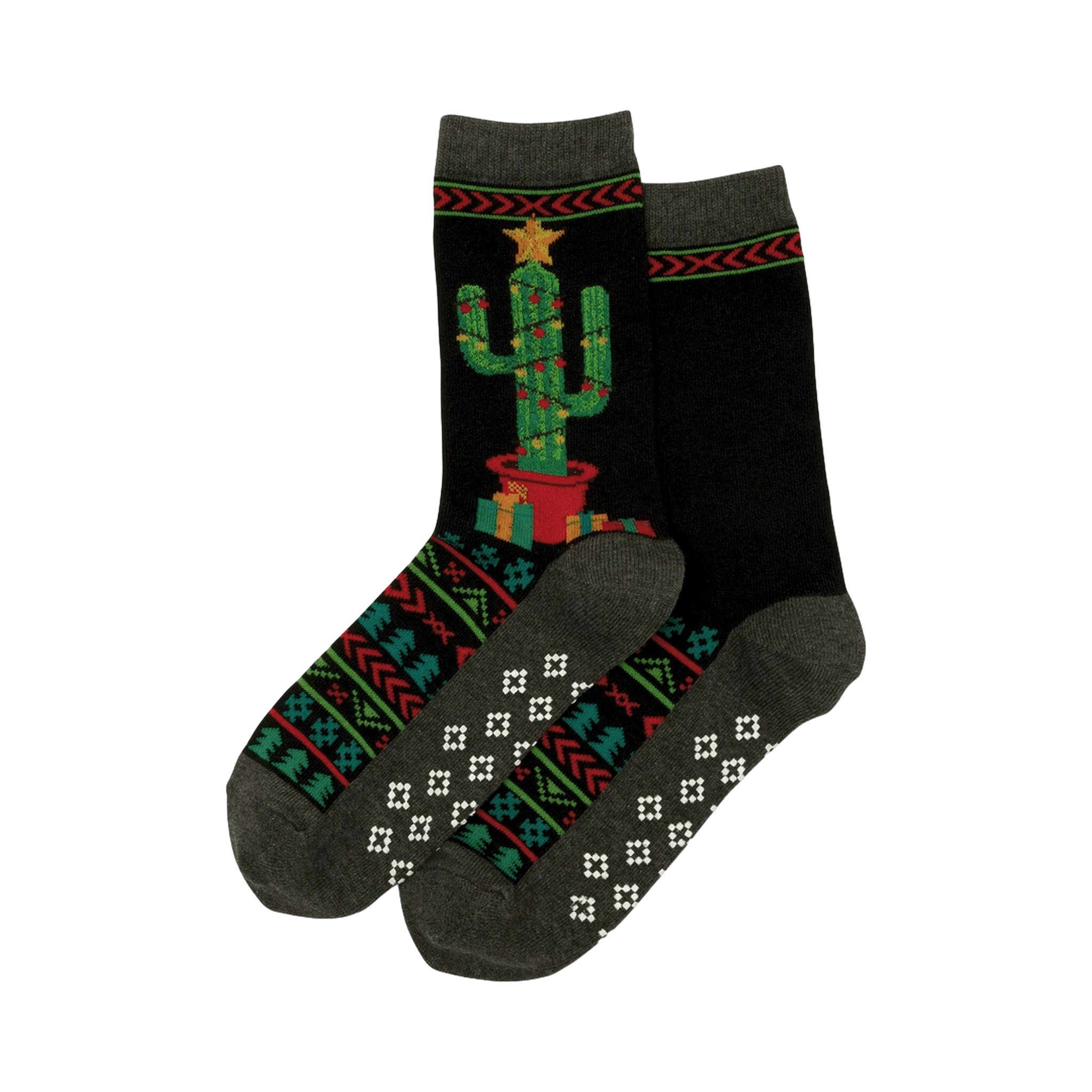 Pair of black Christmas Cactus Non-Skid Slipper socks.  Feature a festive cactus design, geometric pattern, and grey cuffs.