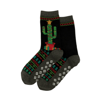 Pair of black Christmas Cactus Non-Skid Slipper socks.  Feature a festive cactus design, geometric pattern, and grey cuffs.