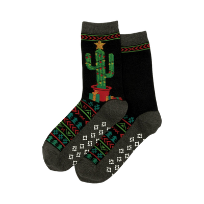 Pair of black Christmas Cactus Non-Skid Slipper socks.  Feature a festive cactus design, geometric pattern, and grey cuffs.
