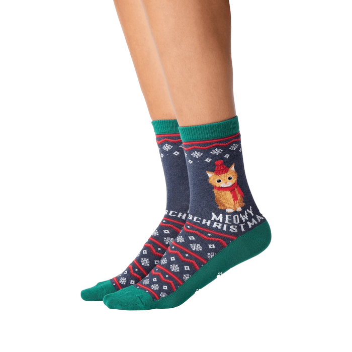 Close-up of model wearing a pair of Meowy Christmas socks.