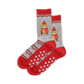 Pair of gray and red Meowy Christmas socks shown on a white background.