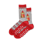 Pair of gray and red Meowy Christmas socks shown on a white background.