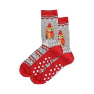 Pair of gray and red Meowy Christmas socks shown on a white background.