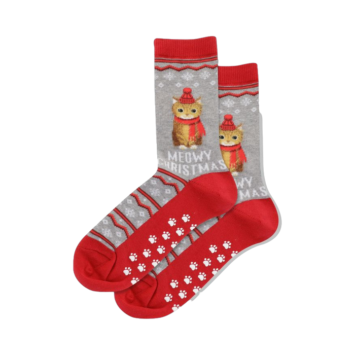 Pair of gray and red Meowy Christmas socks shown on a white background.